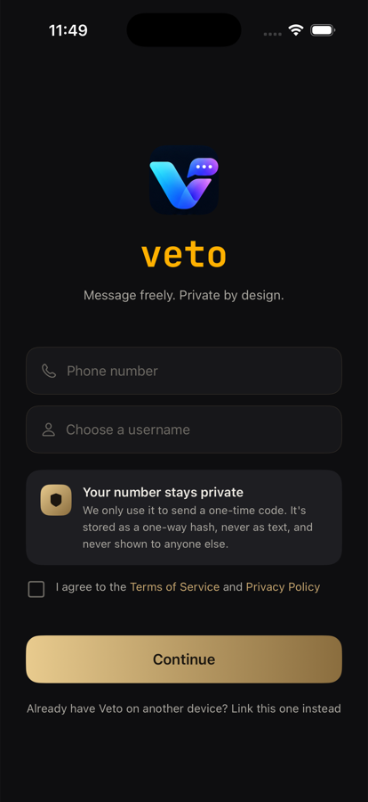 The real VETO sign-up screen on iOS